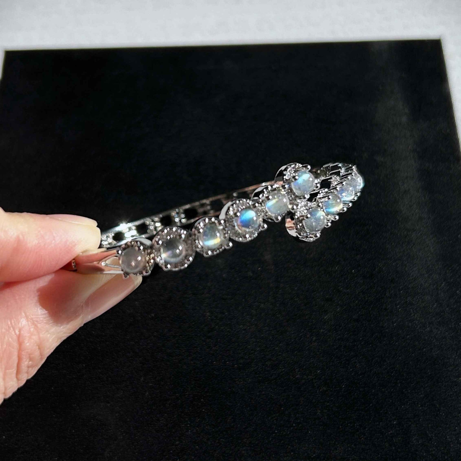 Natural Rainbow Blue Labradorite Free Size Silver Bangle with Zircon
