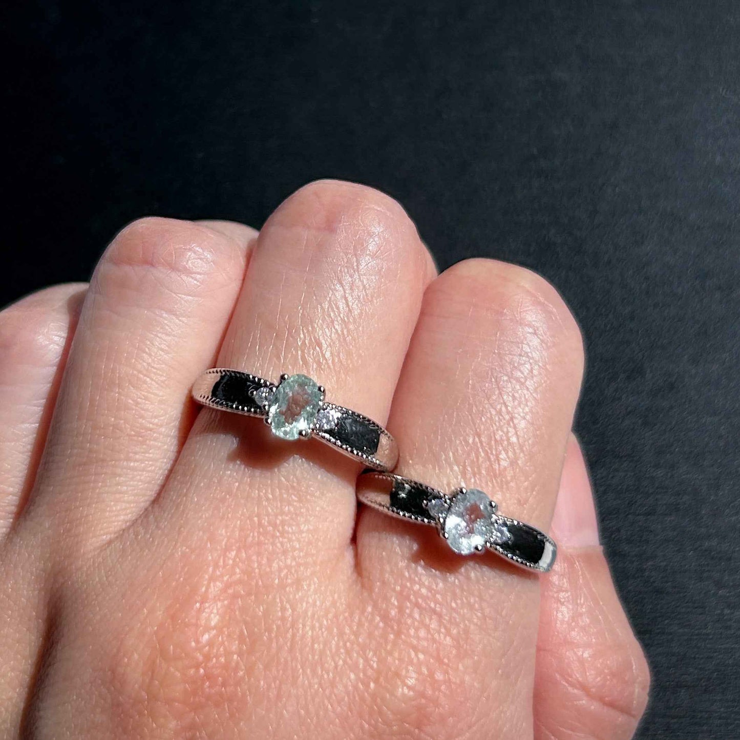 Aquamarine Gemstone with Zircon Adjustable Silver Ring