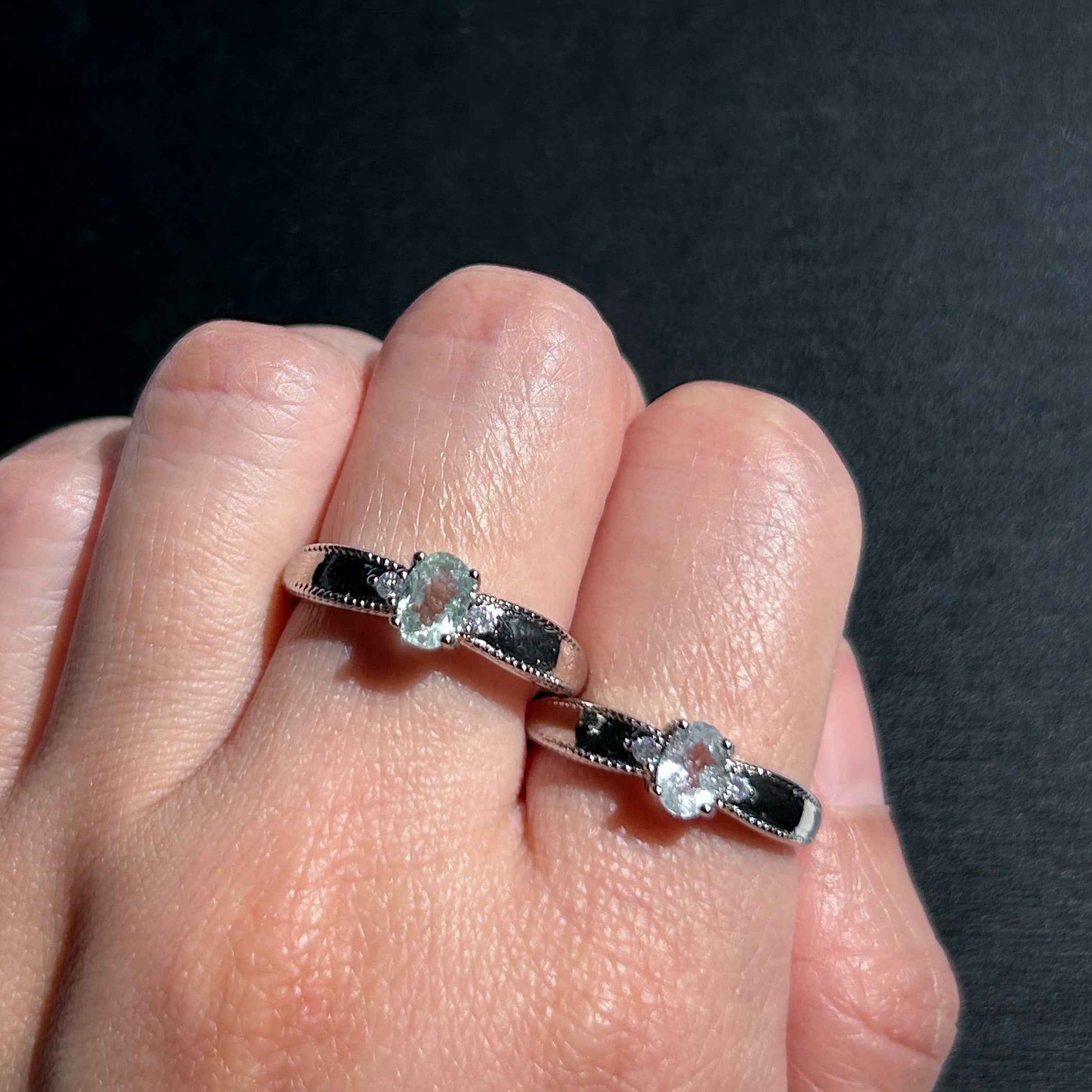 Aquamarine Gemstone with Zircon Adjustable Silver Ring