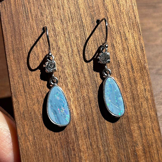 Australian Rainbow Blue Opal 925 Sterling Silver Dangle Earrings