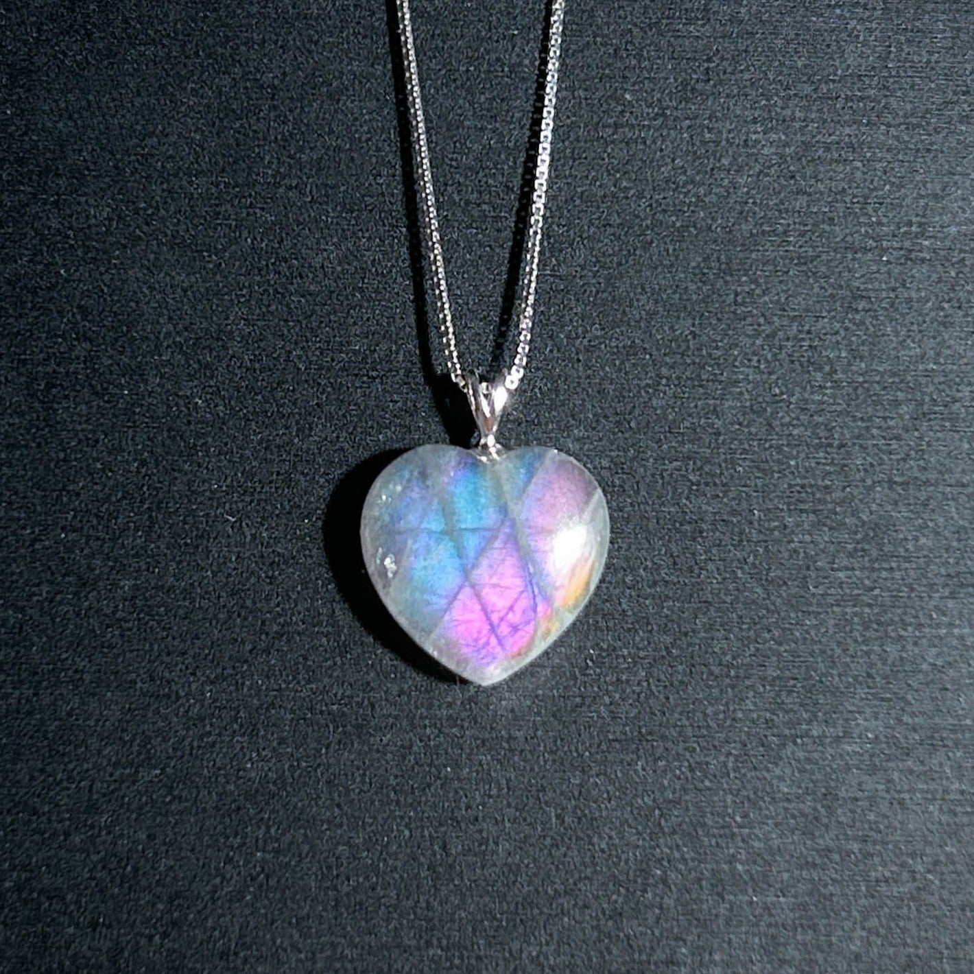 Rare Purple Rainbow Labradorite Small Heart Silver Pendant (chain included)