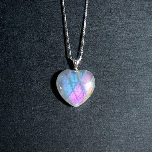 Rare Purple Rainbow Labradorite Small Heart Silver Pendant (chain included)