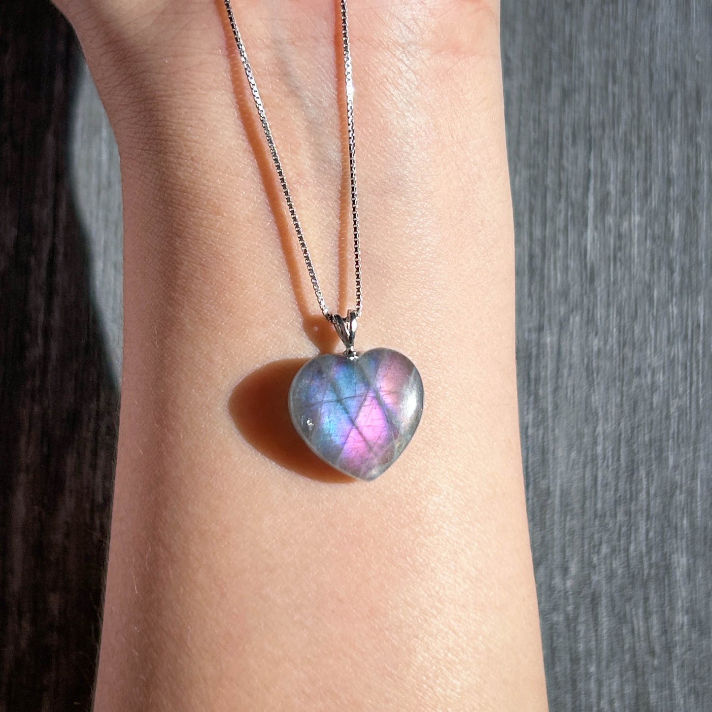 Rare Purple Rainbow Labradorite Small Heart Silver Pendant (chain included)