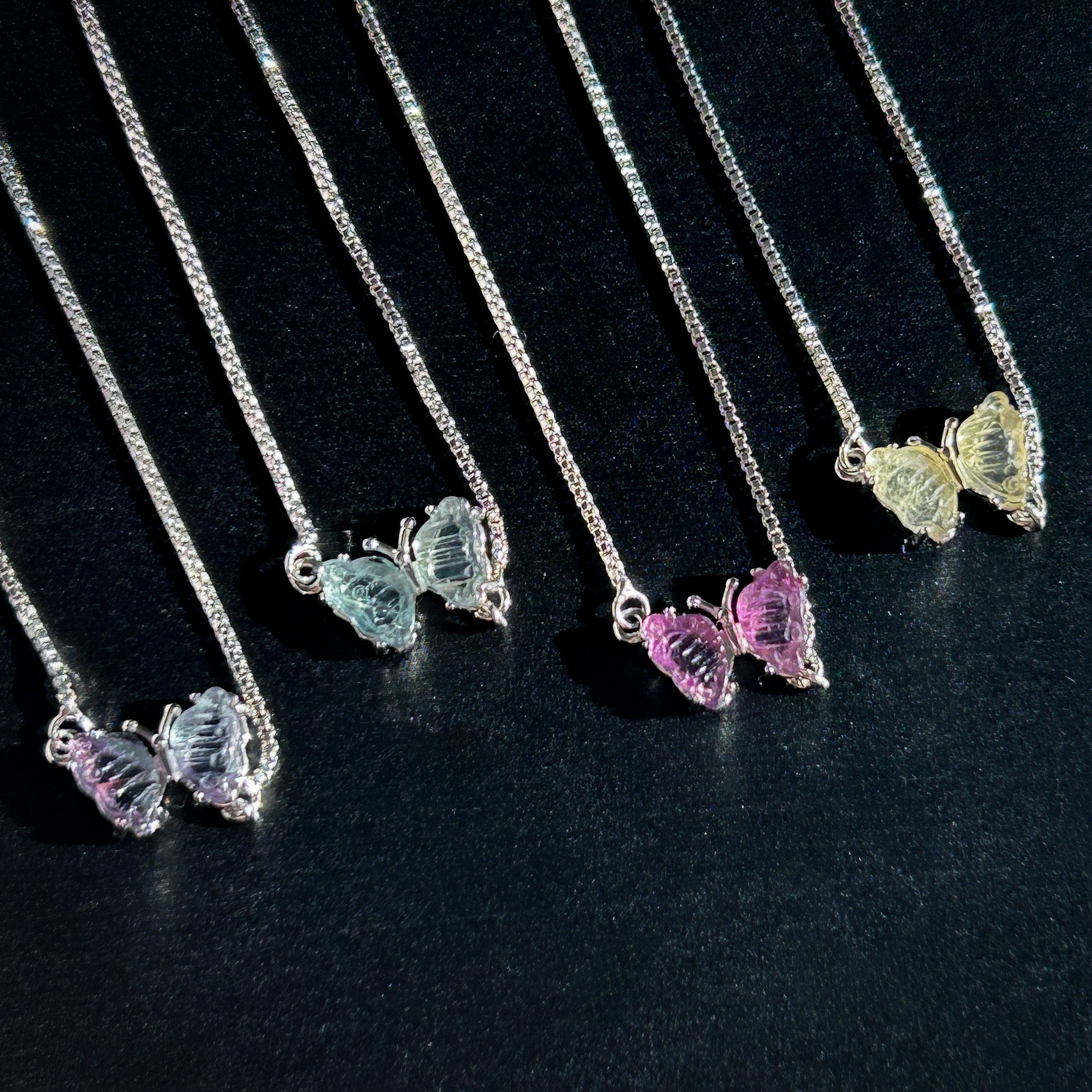 Carved Rainbow Fluorite in Butterfly Adjustable Silver Bracelet - Crystal Moment