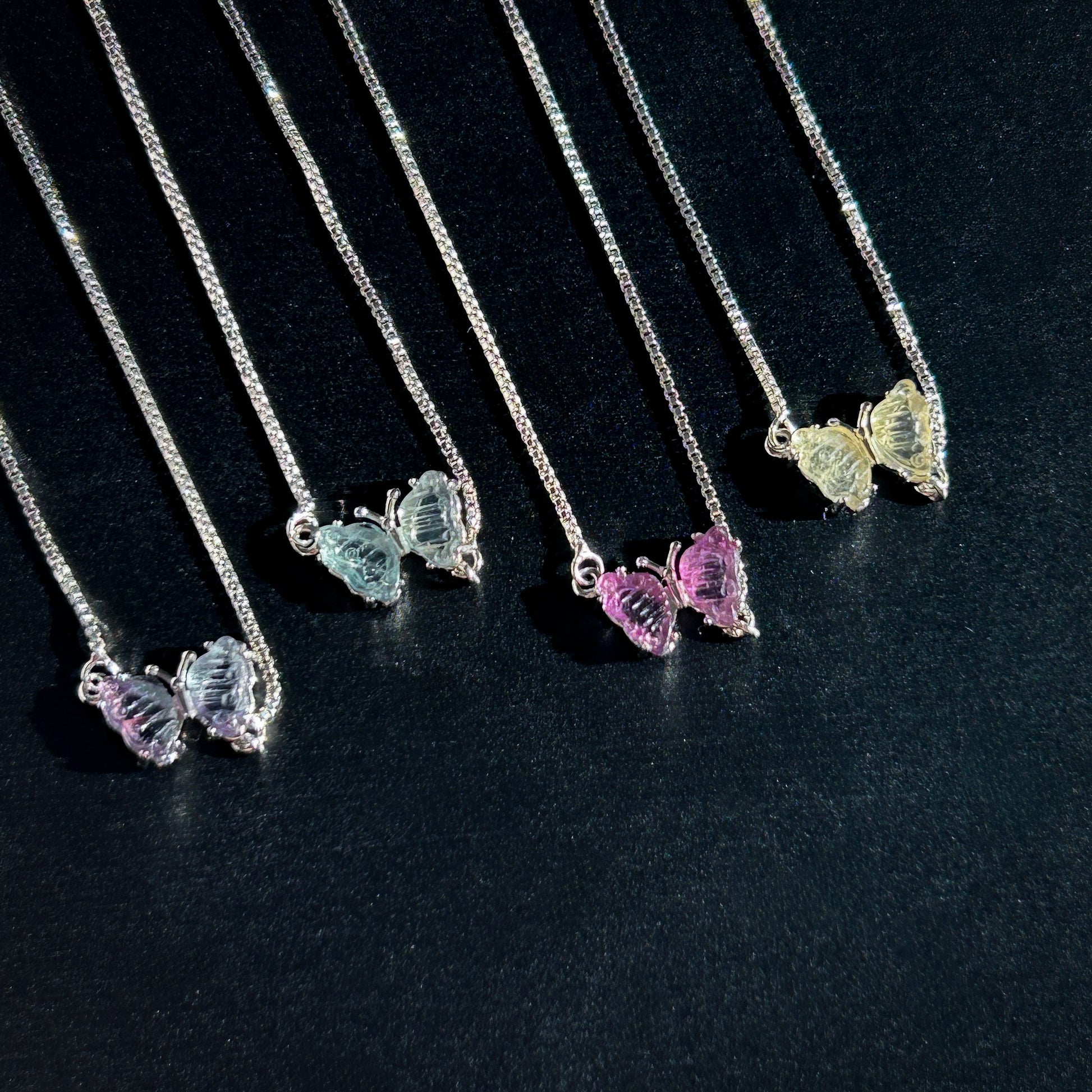 Carved Rainbow Fluorite in Butterfly Adjustable Silver Bracelet - Crystal Moment