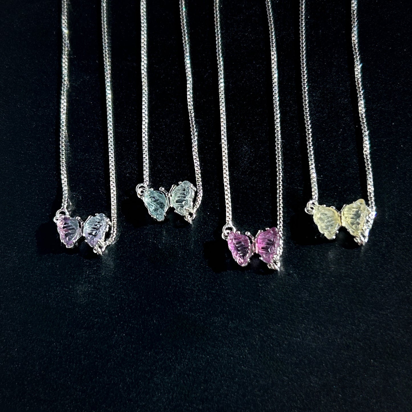 Carved Rainbow Fluorite in Butterfly Adjustable Silver Bracelet - Crystal Moment