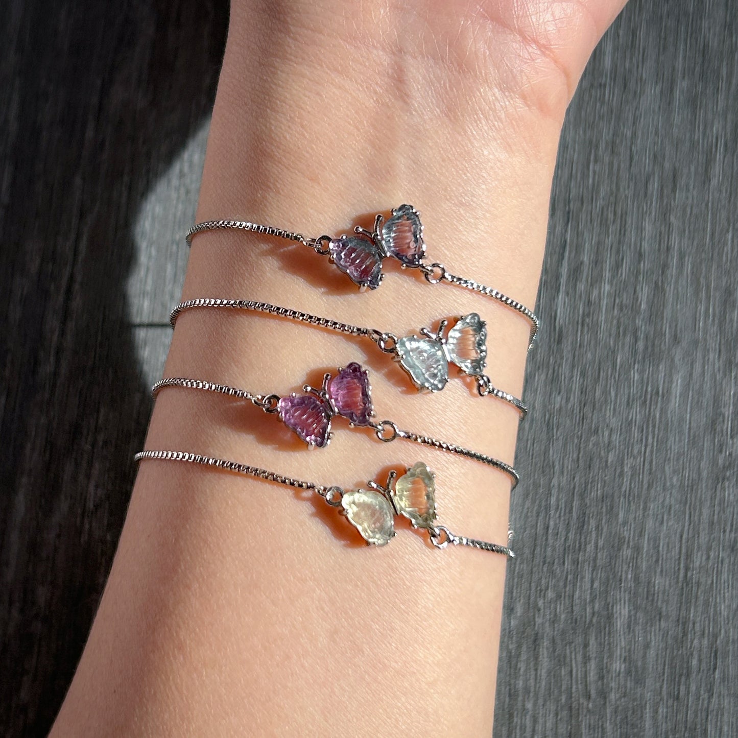 Carved Rainbow Fluorite in Butterfly Adjustable Silver Bracelet - Crystal Moment