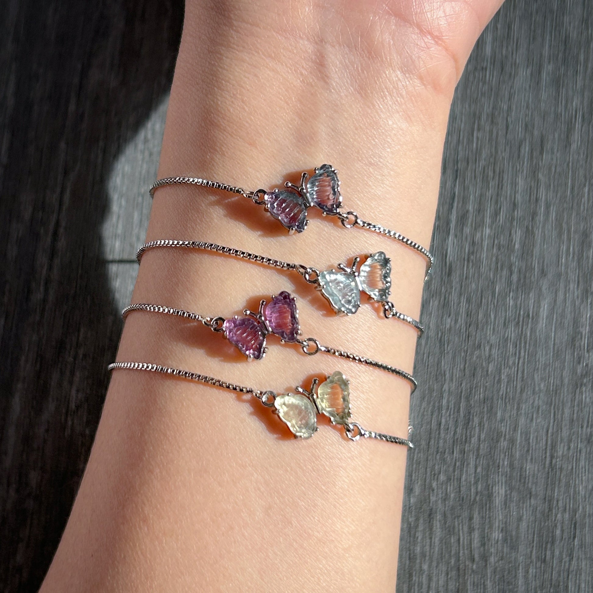 Carved Rainbow Fluorite in Butterfly Adjustable Silver Bracelet - Crystal Moment