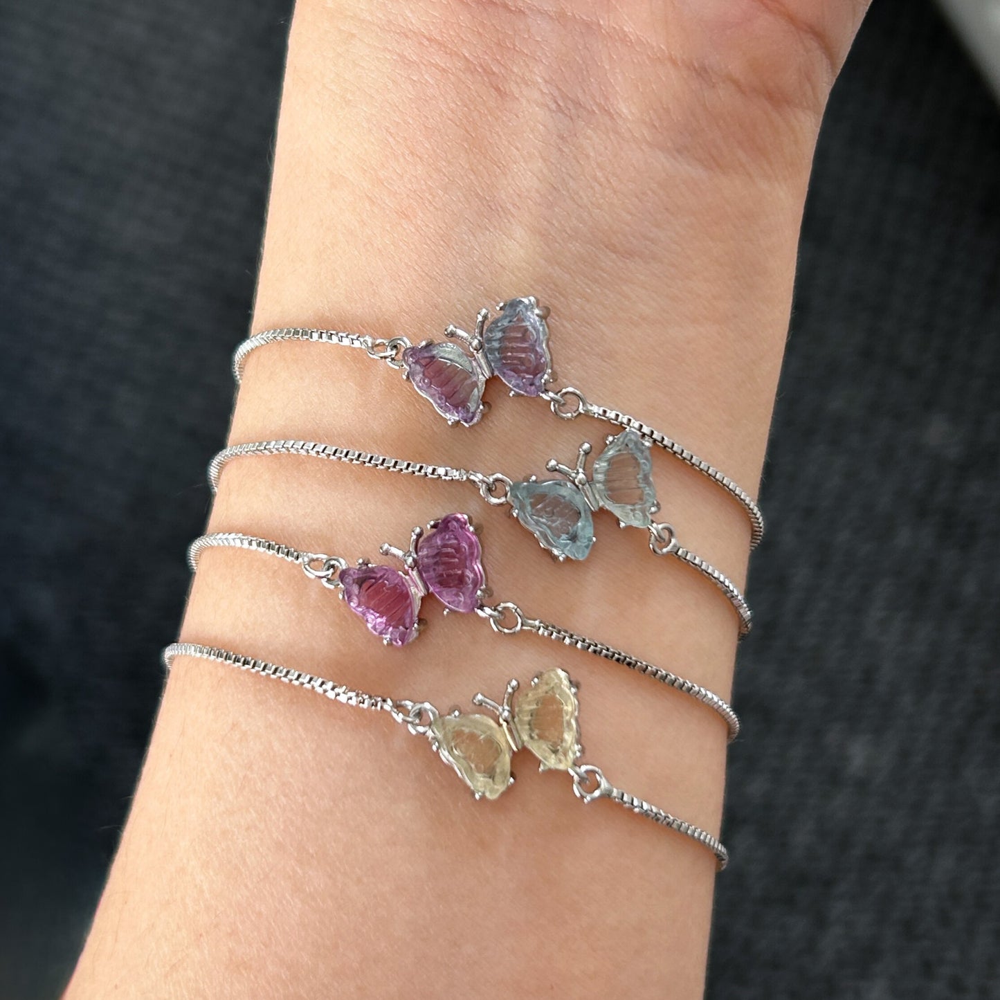 Carved Rainbow Fluorite in Butterfly Adjustable Silver Bracelet - Crystal Moment
