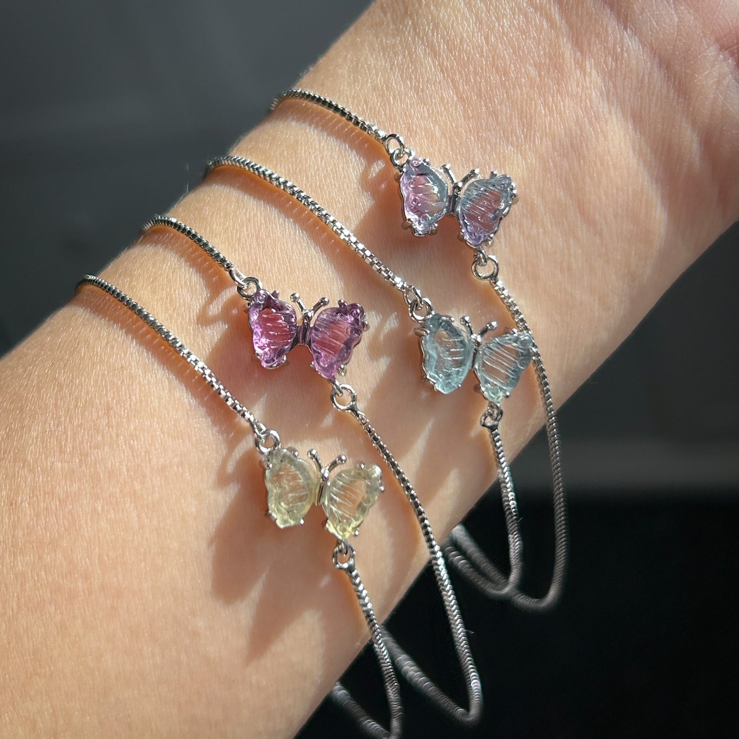 Carved Rainbow Fluorite in Butterfly Adjustable Silver Bracelet - Crystal Moment