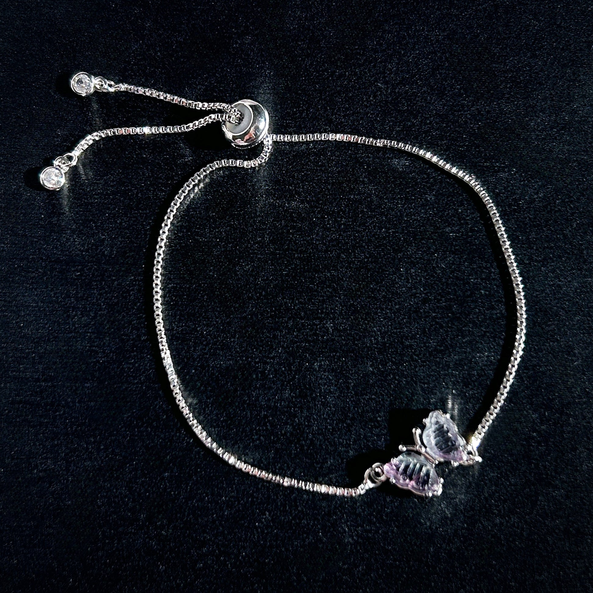 Carved Rainbow Fluorite in Butterfly Adjustable Silver Bracelet - Crystal Moment