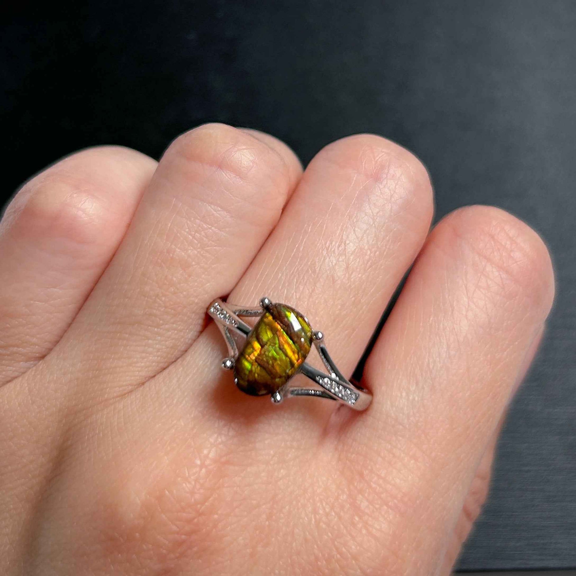 Rare Rainbow Ammolite Adjustable 925 Sterling Silver Ring