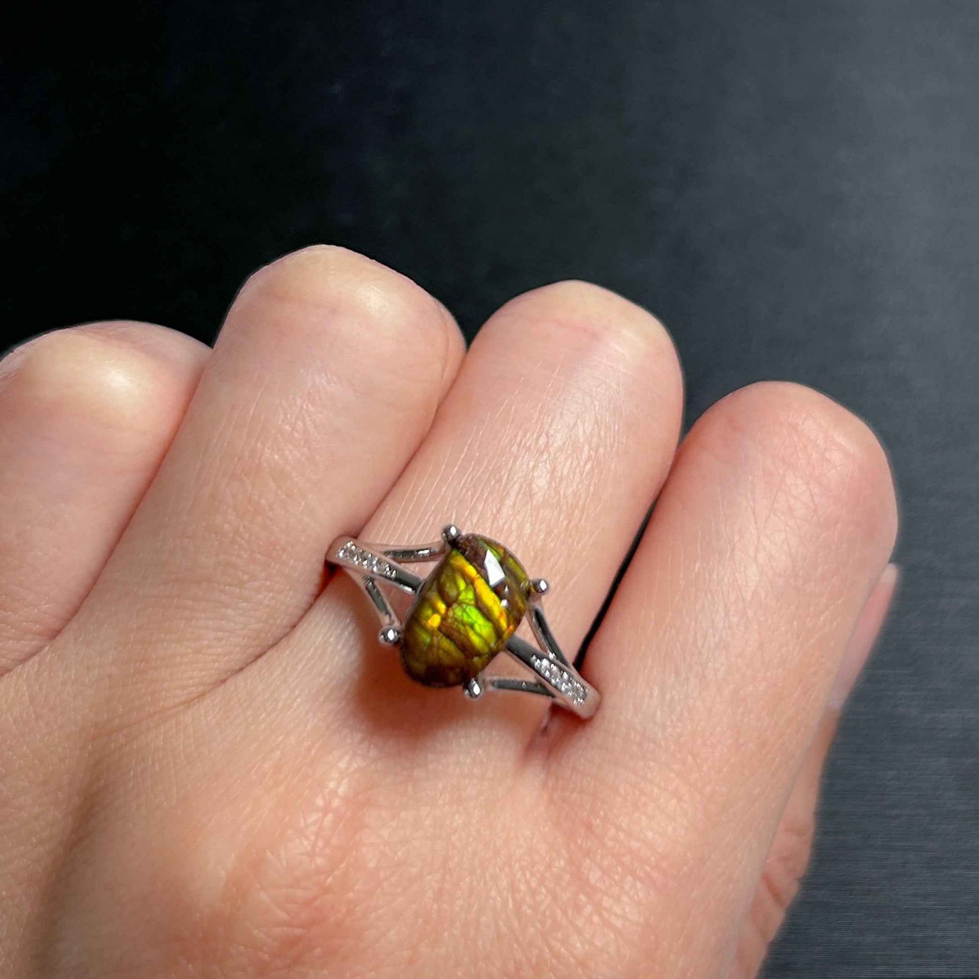 Rare Rainbow Ammolite Adjustable 925 Sterling Silver Ring