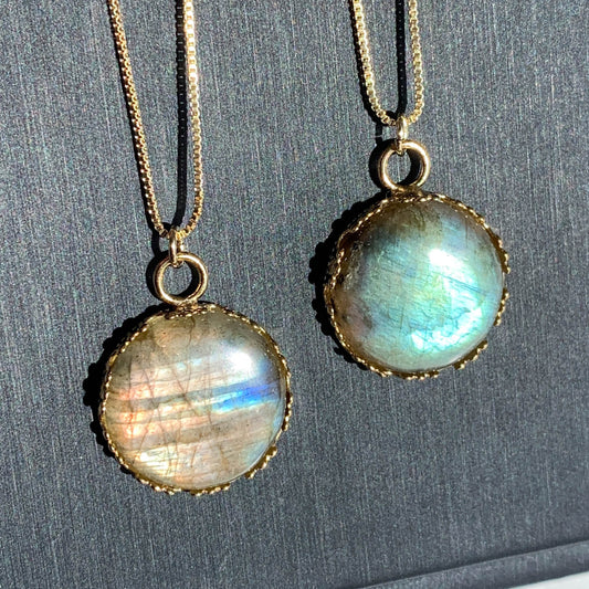 Natural Pink & Green Labradorite 14k Gold Pendant