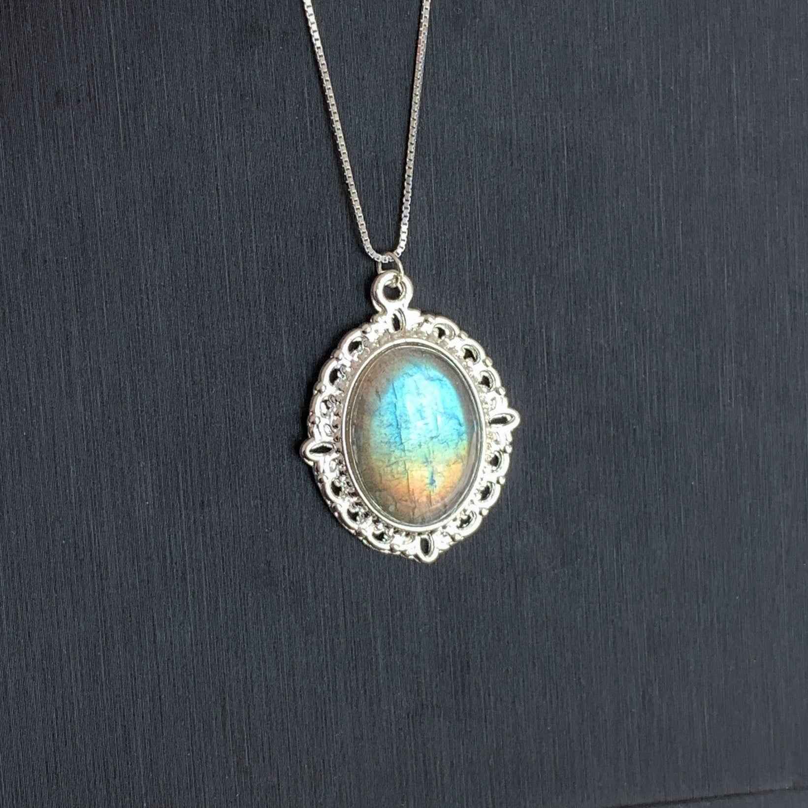 Natural Rainbow Labradorite Silver Pendant (chain excluded)