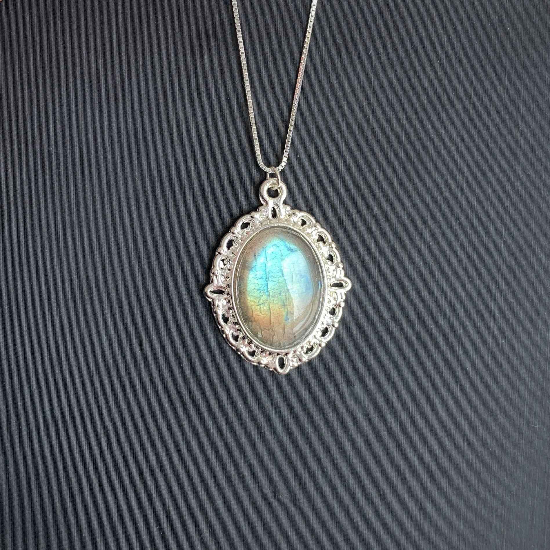 Natural Rainbow Labradorite Silver Pendant (chain excluded)