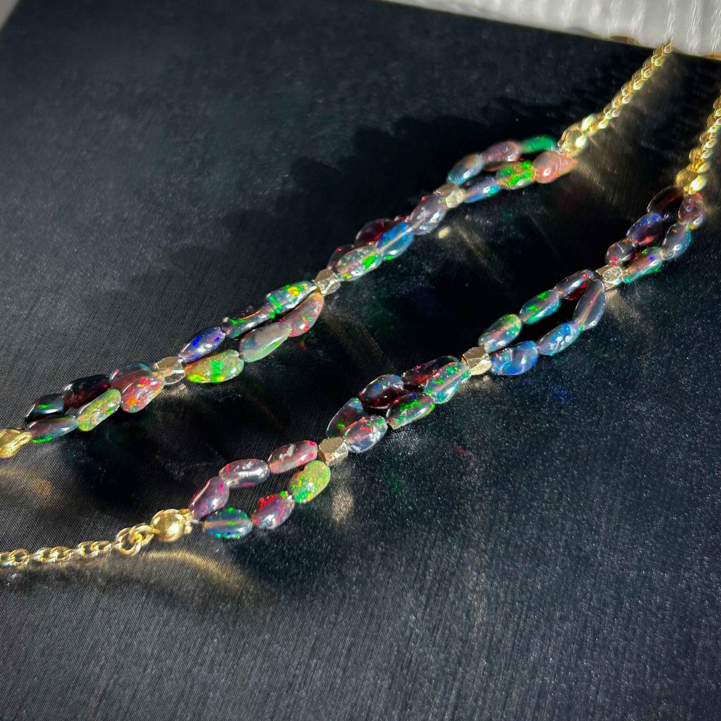 Rare Rainbow Black Opal Bracelet in 14k Gold