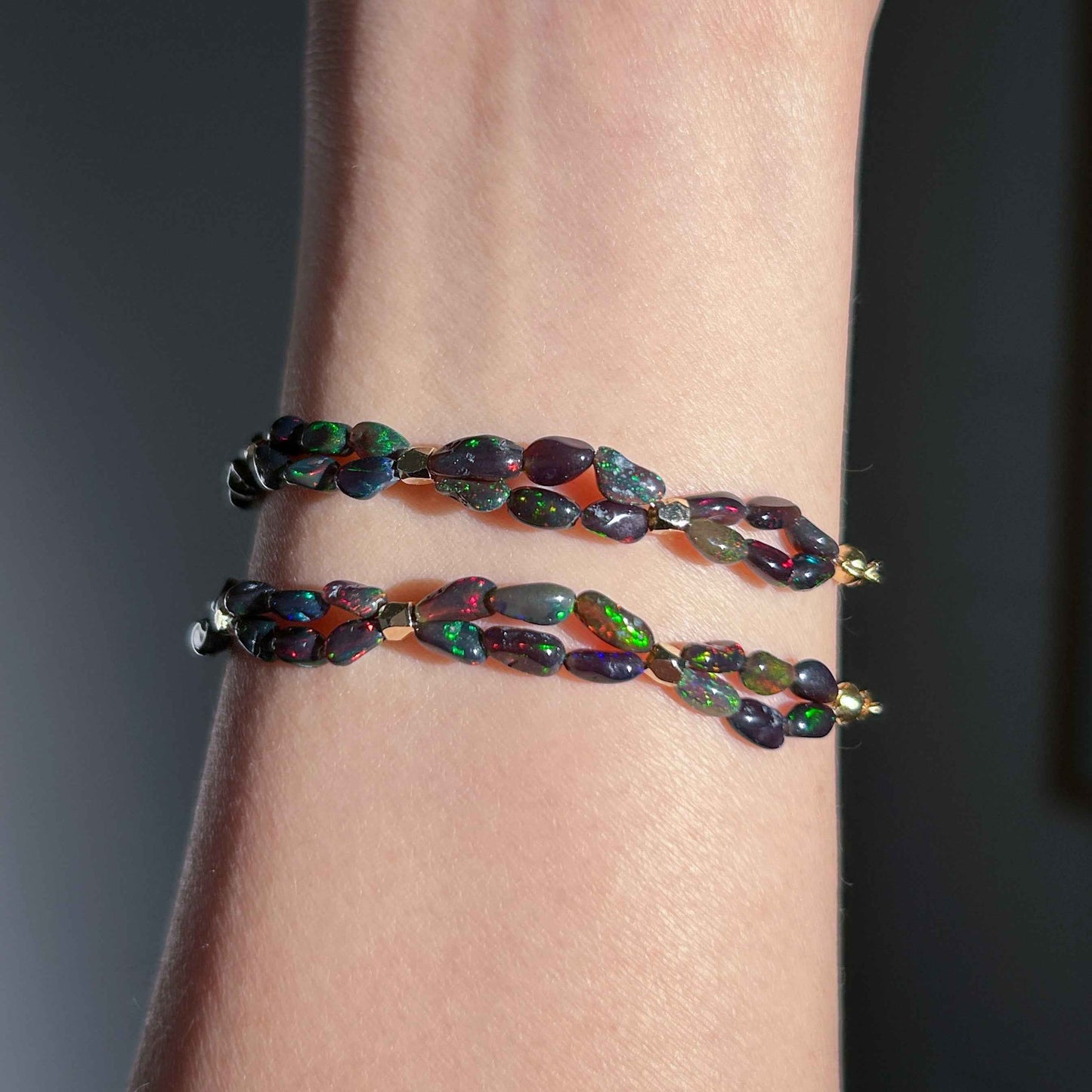 Rare Rainbow Black Opal Bracelet in 14k Gold