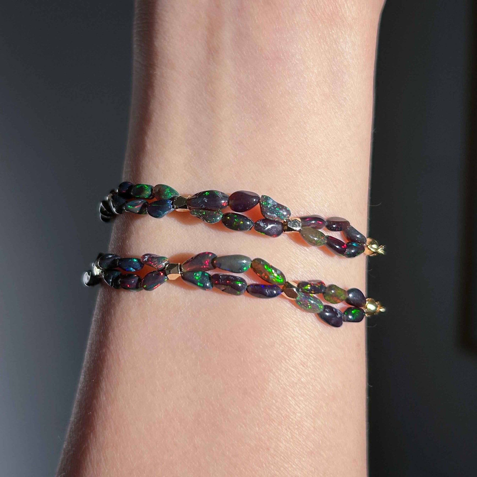 Rare Rainbow Black Opal Bracelet in 14k Gold