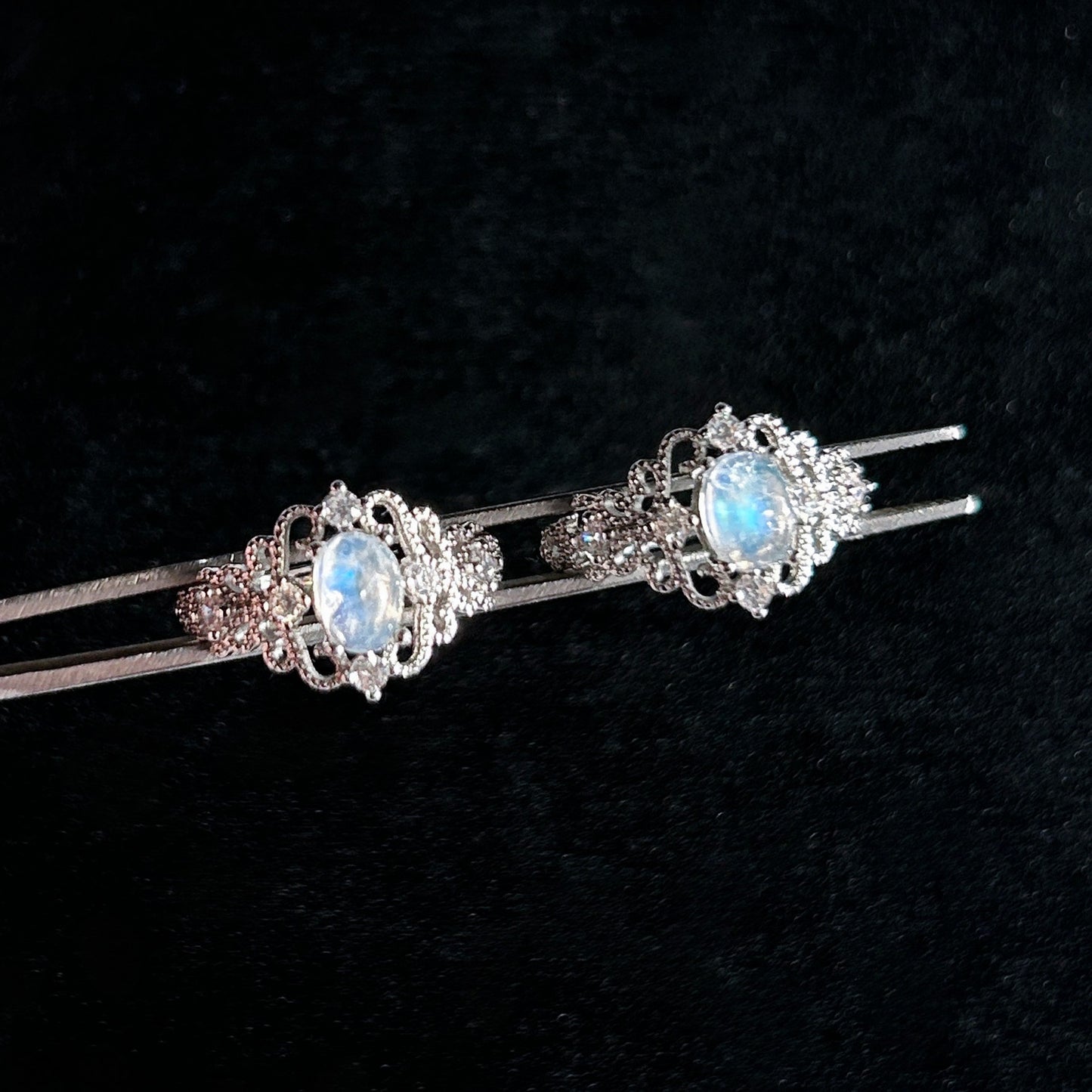 Blue Moonstone Adjustable Silver Ring with Zircon