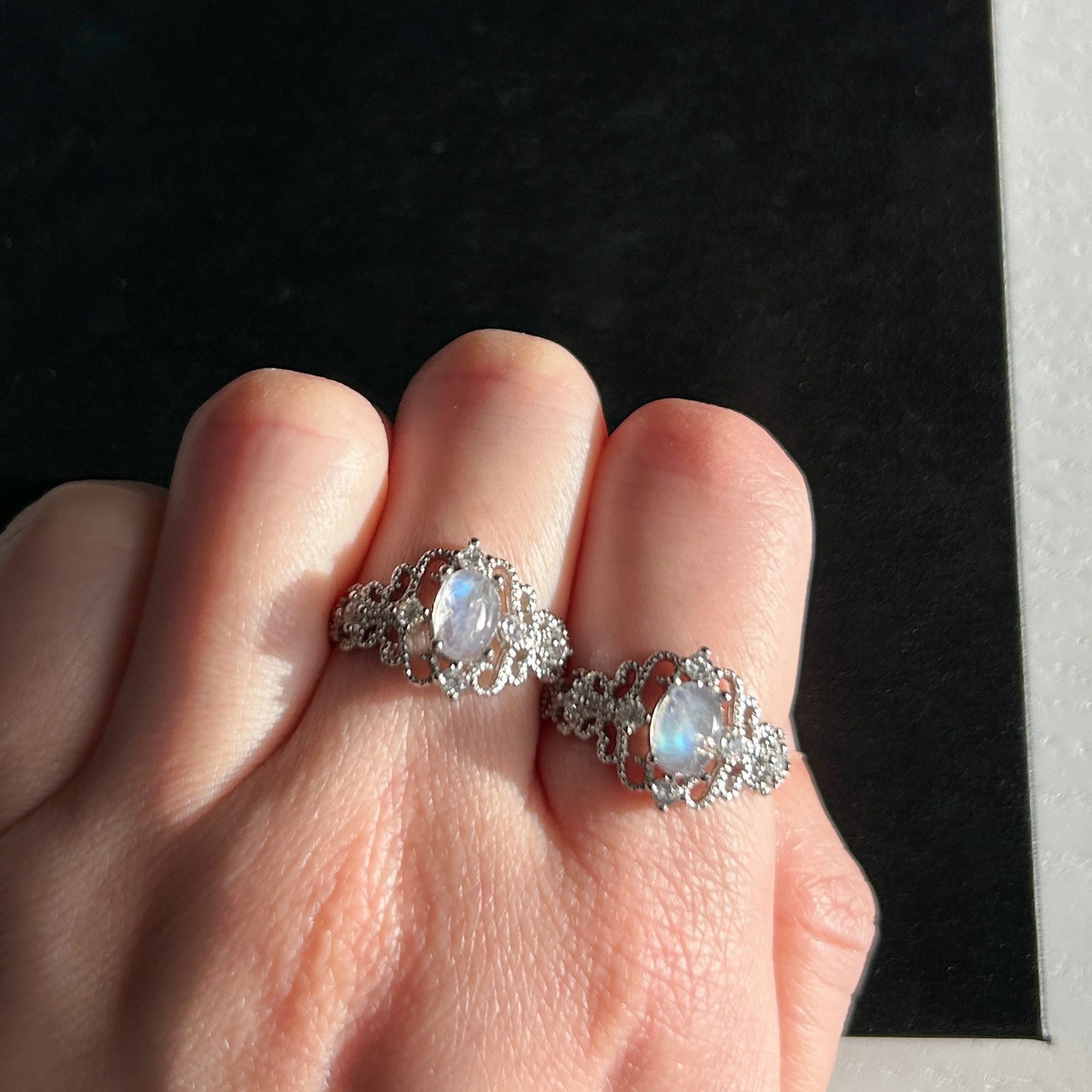 Blue Moonstone Adjustable Silver Ring with Zircon