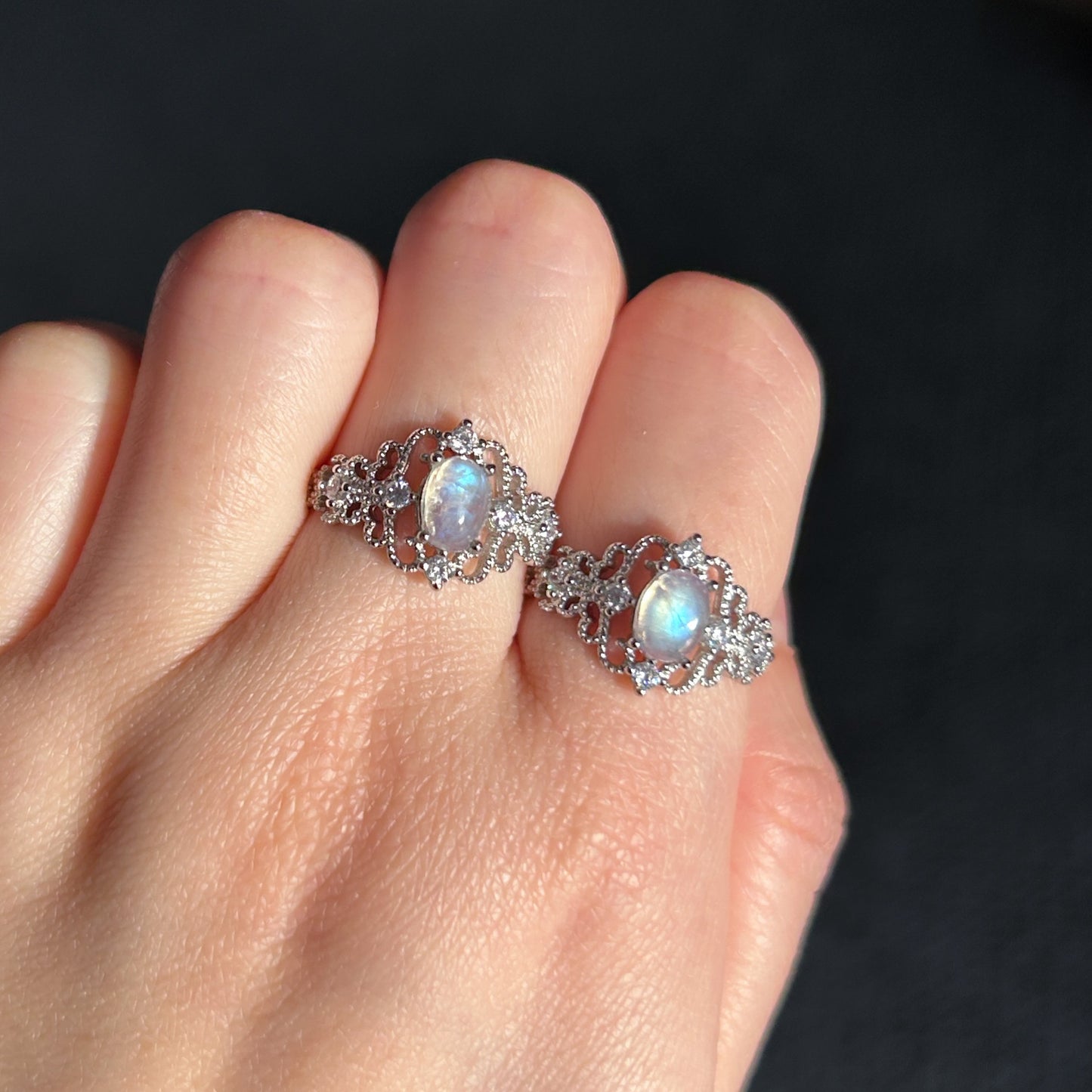 Blue Moonstone Adjustable Silver Ring with Zircon