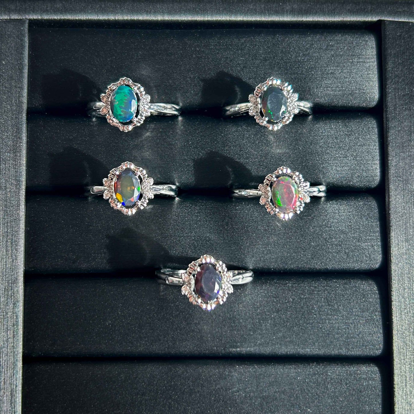 Rare Rainbow Black Opal Adjustable Silver Ring with Zircon