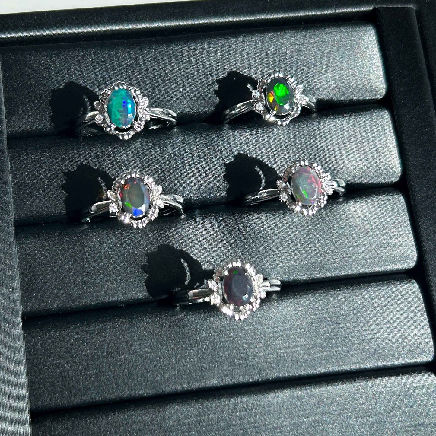 Rare Rainbow Black Opal Adjustable Silver Ring with Zircon