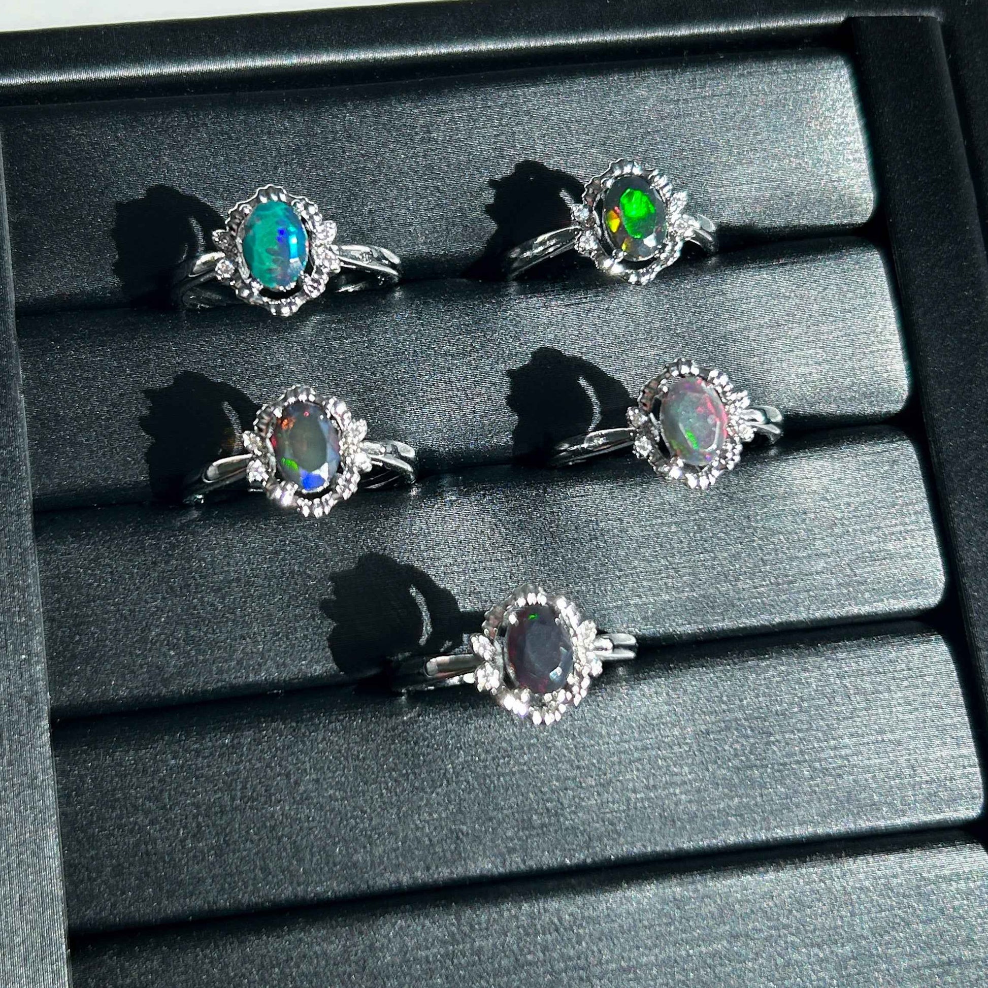 Rare Rainbow Black Opal Adjustable Silver Ring with Zircon