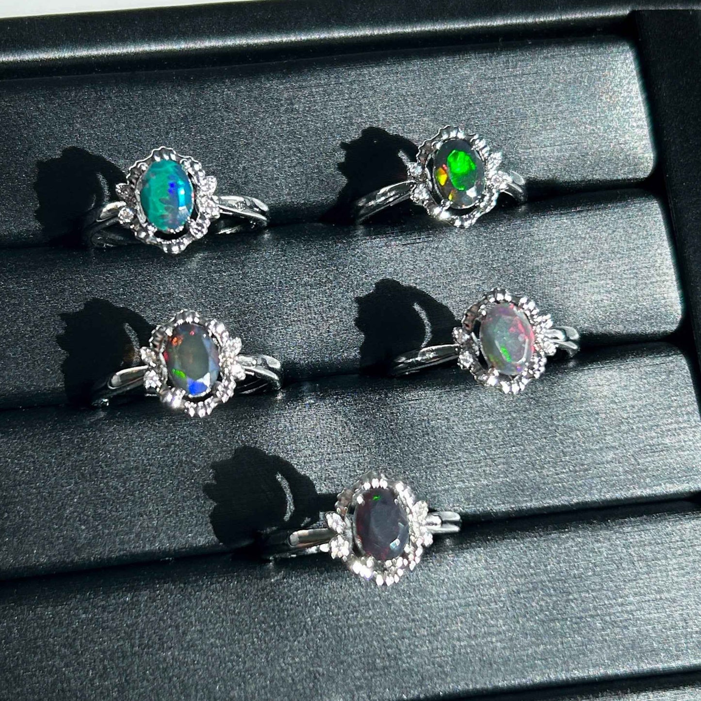 Rare Rainbow Black Opal Adjustable Silver Ring with Zircon