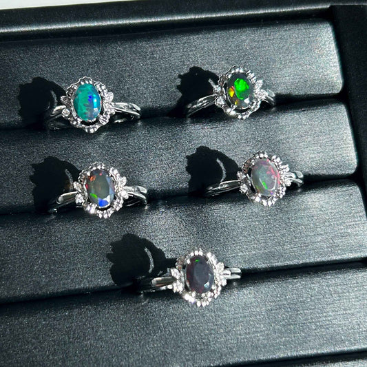 Rare Rainbow Black Opal Adjustable Silver Ring with Zircon