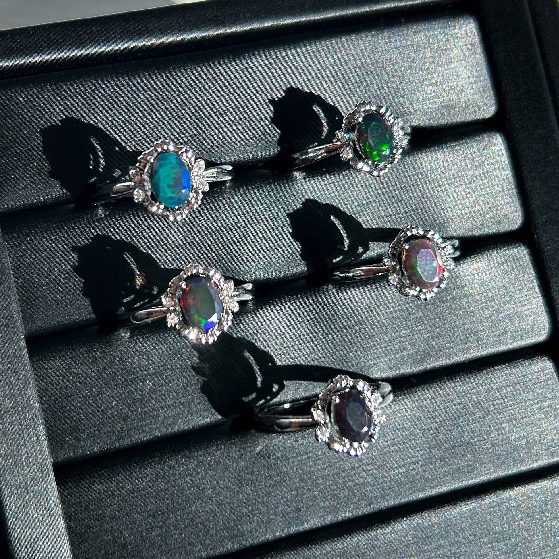 Rare Rainbow Black Opal Adjustable Silver Ring with Zircon