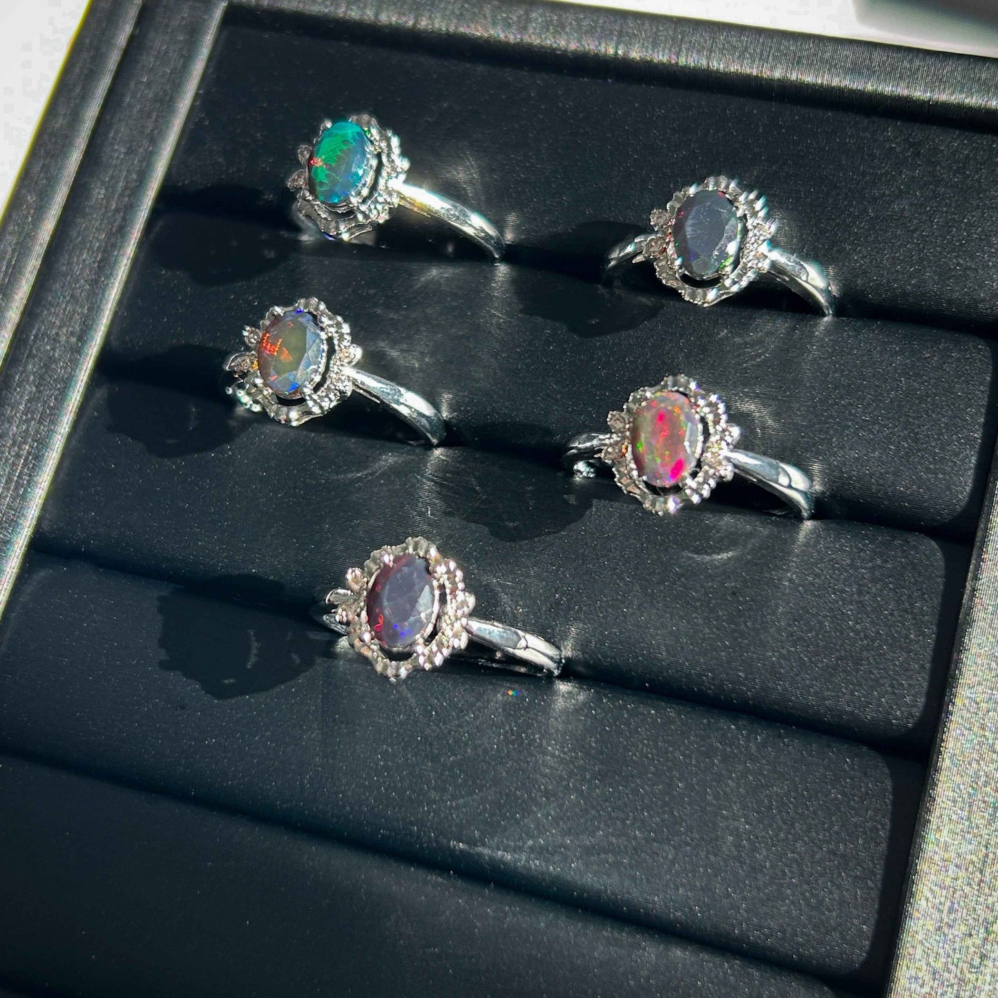 Rare Rainbow Black Opal Adjustable Silver Ring with Zircon