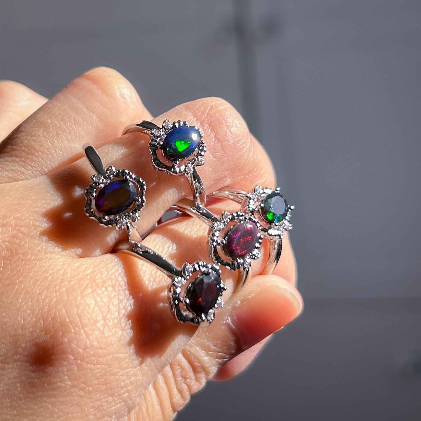 Rare Rainbow Black Opal Adjustable Silver Ring with Zircon