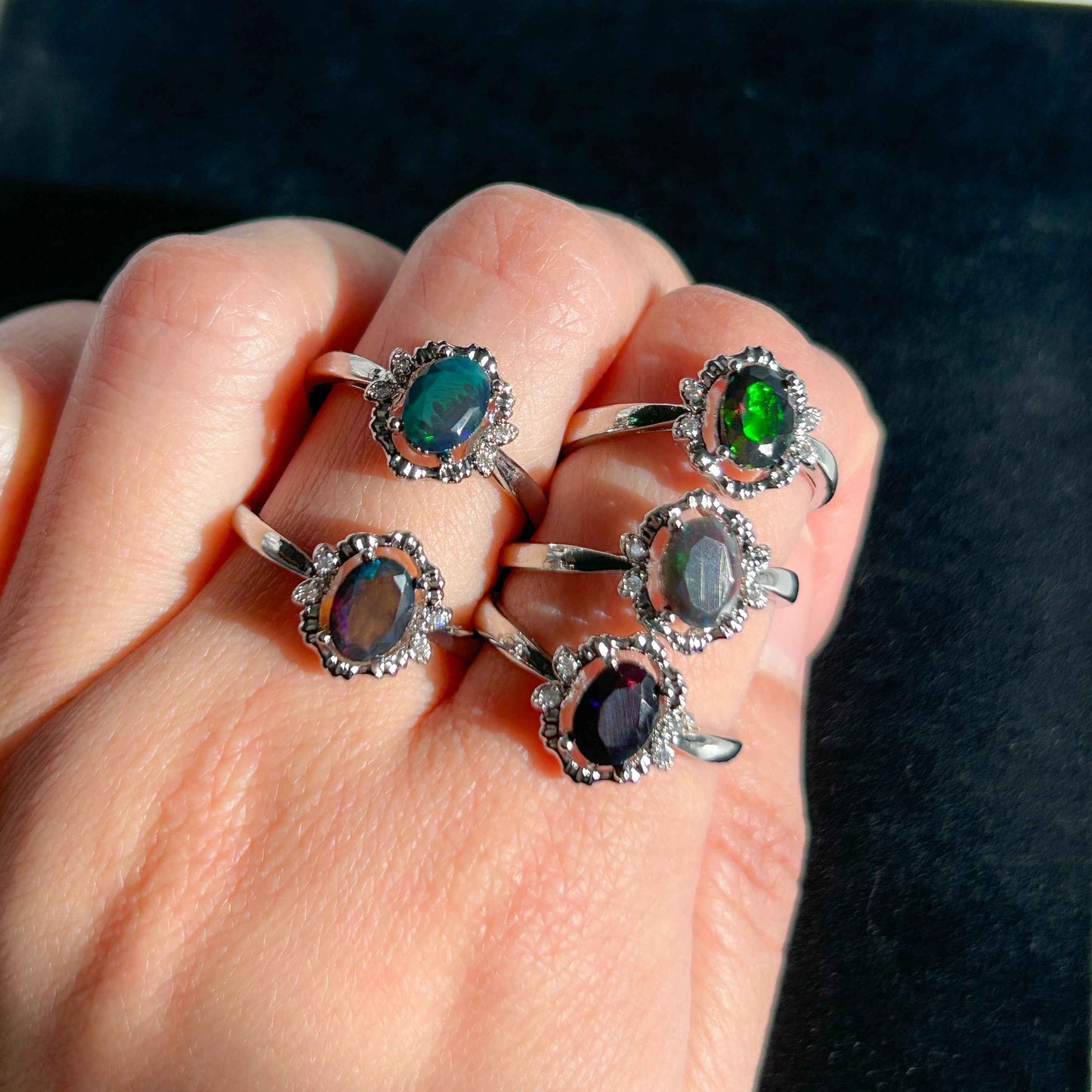 Rare Rainbow Black Opal Adjustable Silver Ring with Zircon