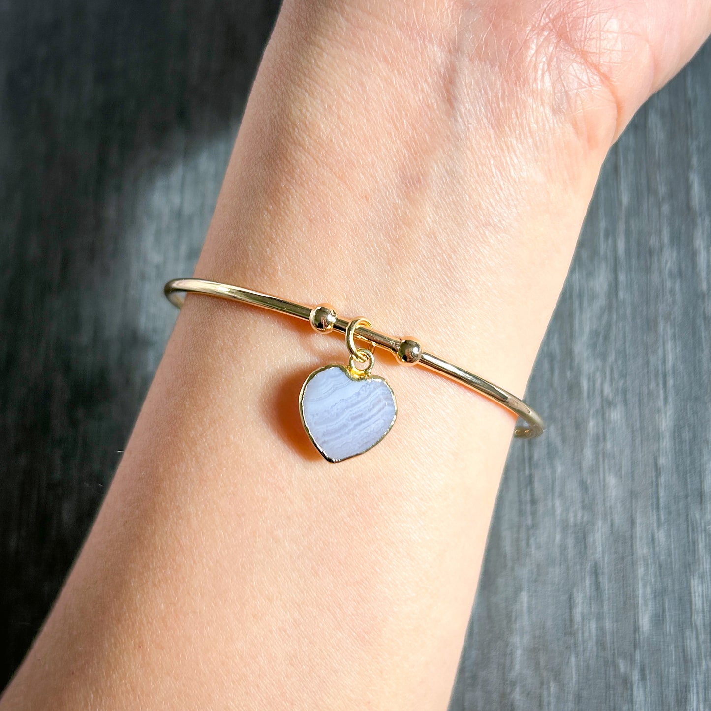 Blue Lace Agate & Pink Opal Double-side Heart 14k Gold Cuff Bracelet - Crystal Moment