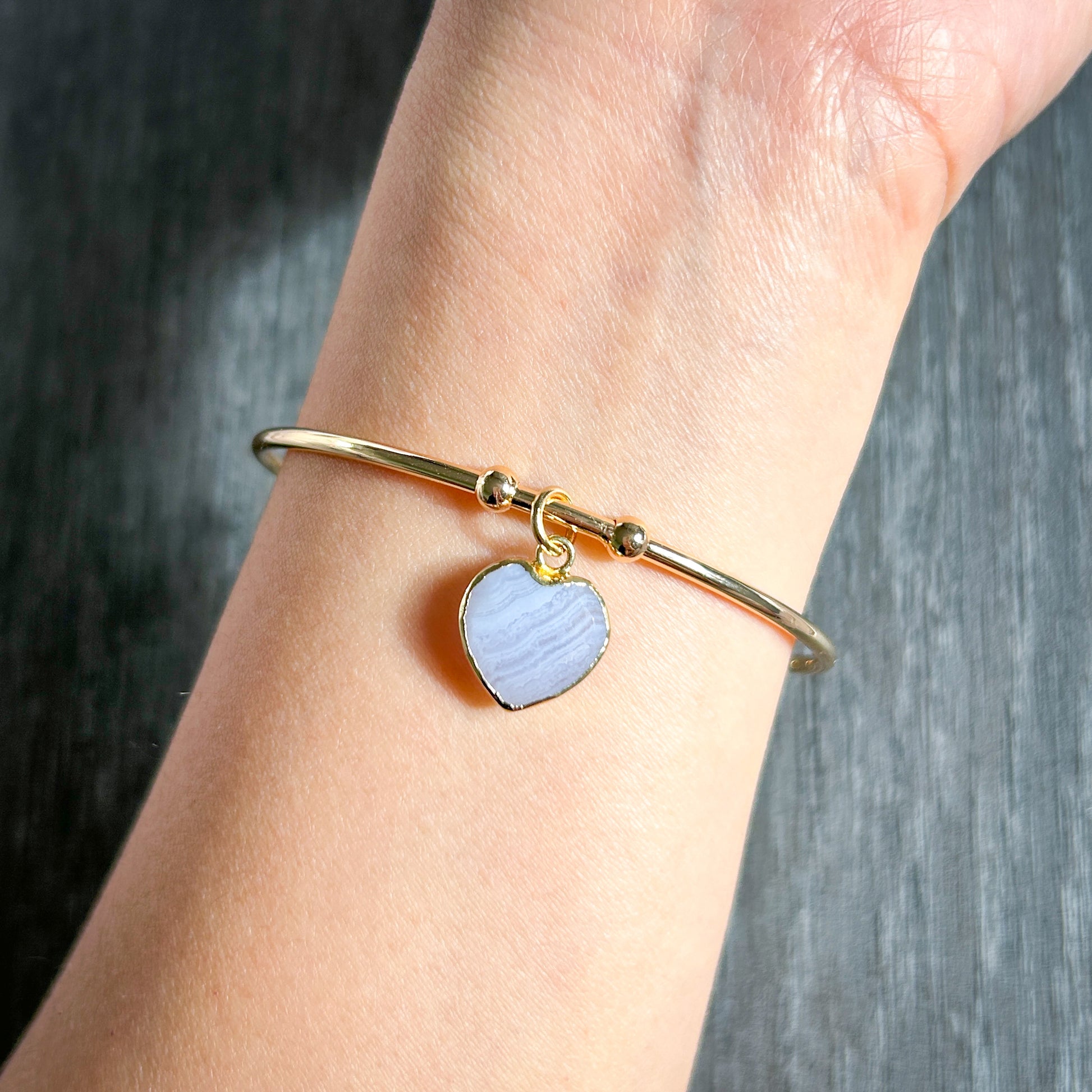 Blue Lace Agate & Pink Opal Double-side Heart 14k Gold Cuff Bracelet - Crystal Moment