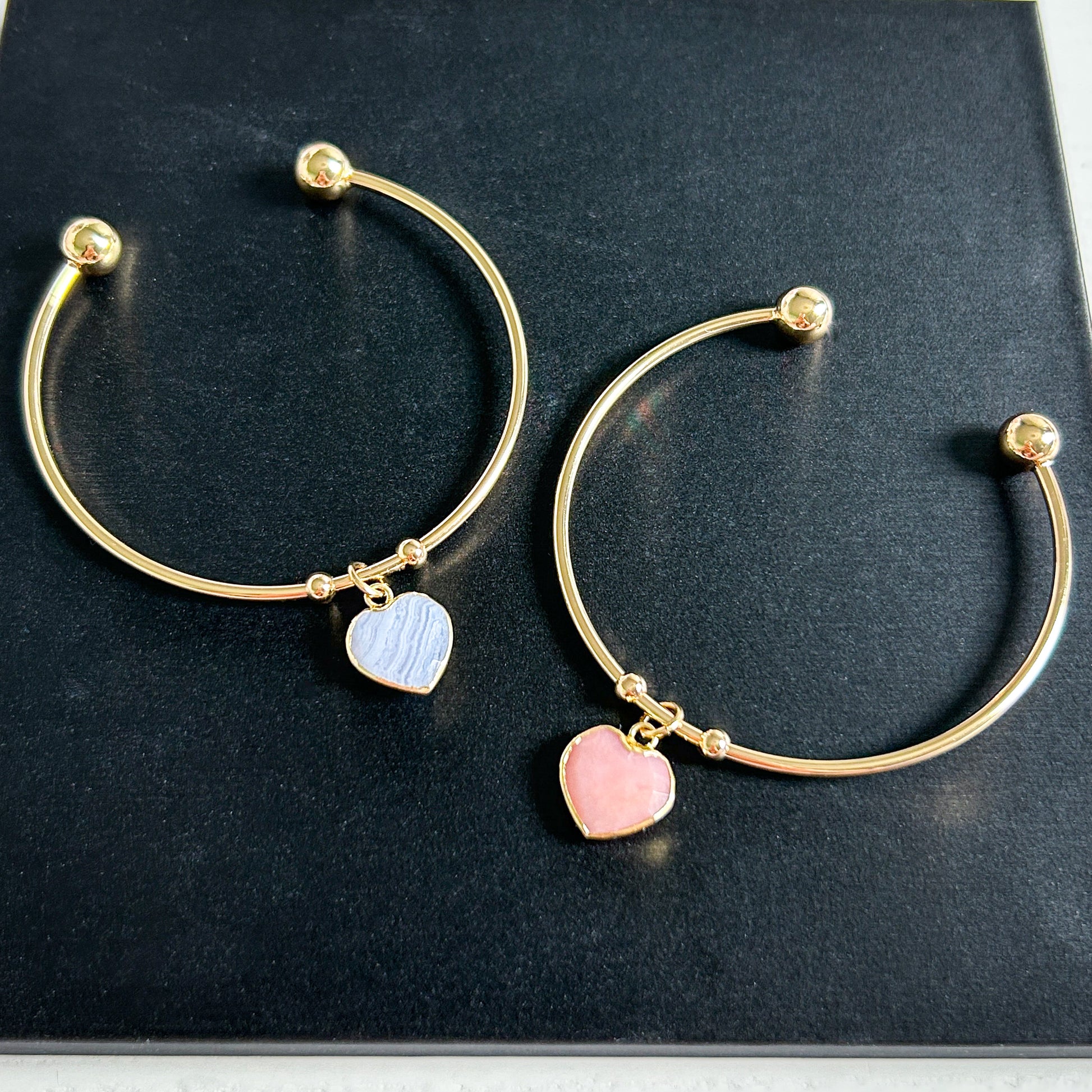 Blue Lace Agate & Pink Opal Double-side Heart 14k Gold Cuff Bracelet - Crystal Moment