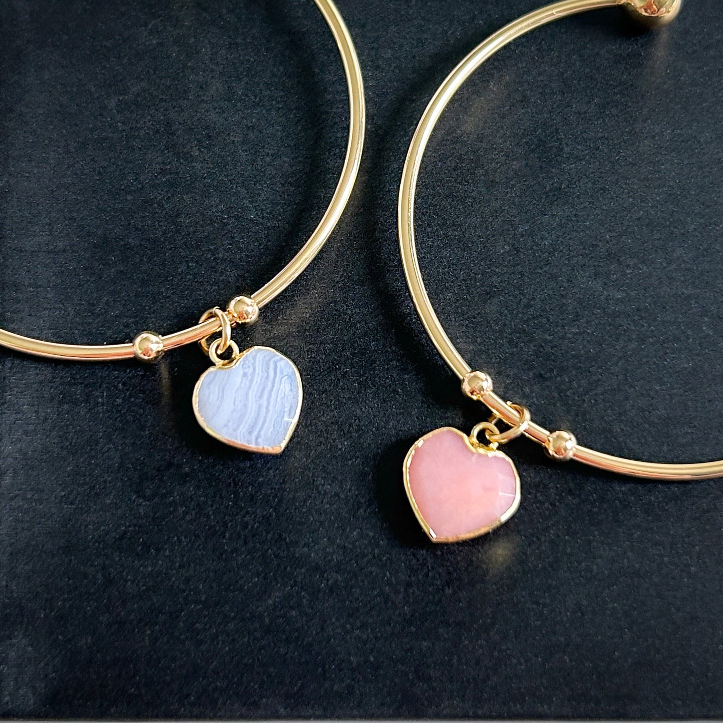 Blue Lace Agate & Pink Opal Double-side Heart 14k Gold Cuff Bracelet - Crystal Moment