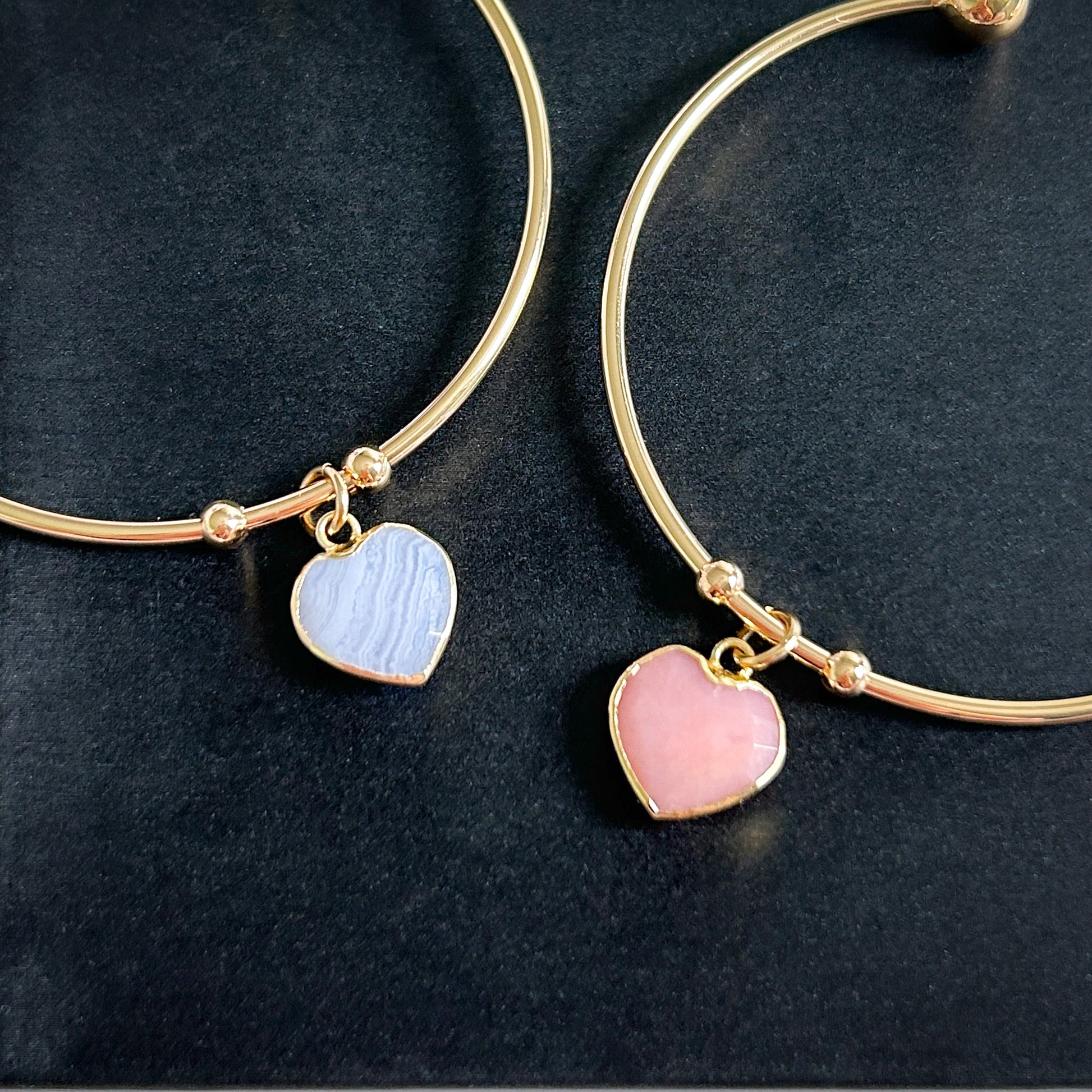Blue Lace Agate & Pink Opal Double-side Heart 14k Gold Cuff Bracelet - Crystal Moment