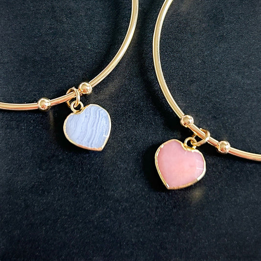 Blue Lace Agate & Pink Opal Double-side Heart 14k Gold Cuff Bracelet - Crystal Moment
