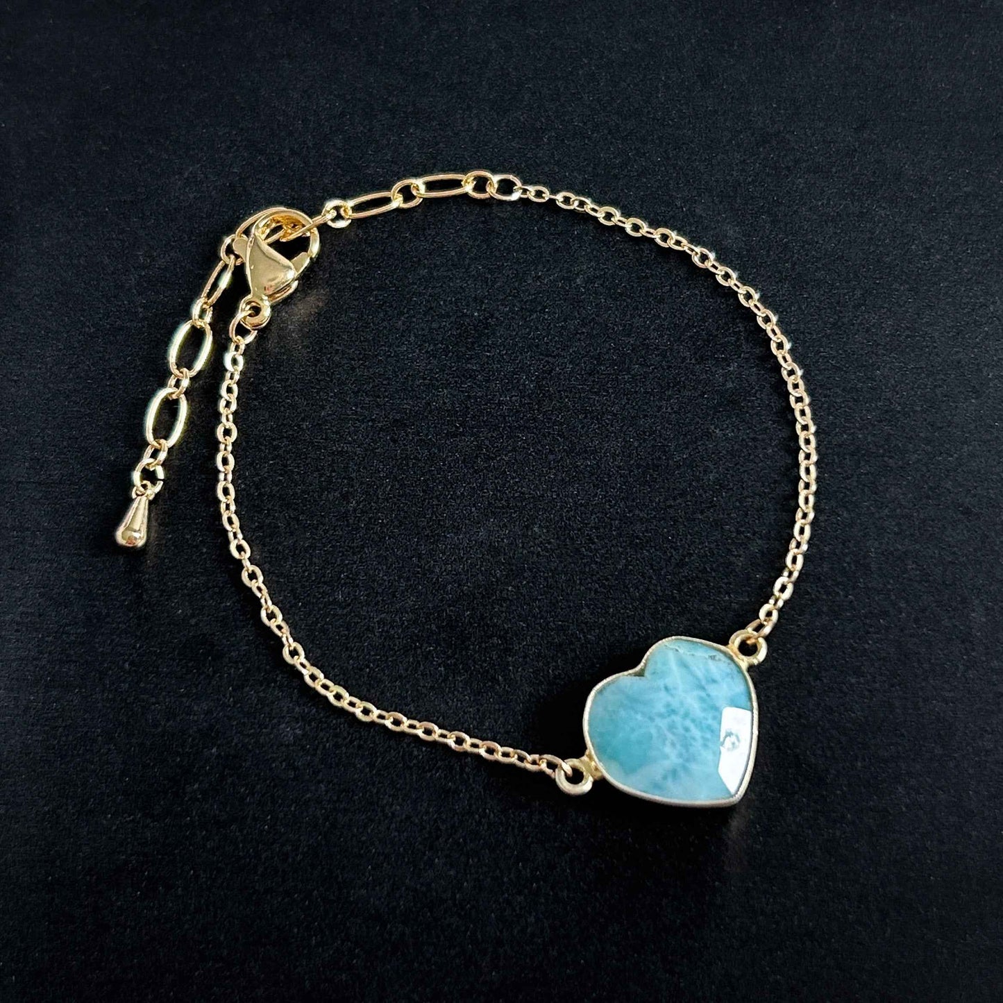 Faceted Larimar in Heart Shape 14k Gold Adjustable Bracelet