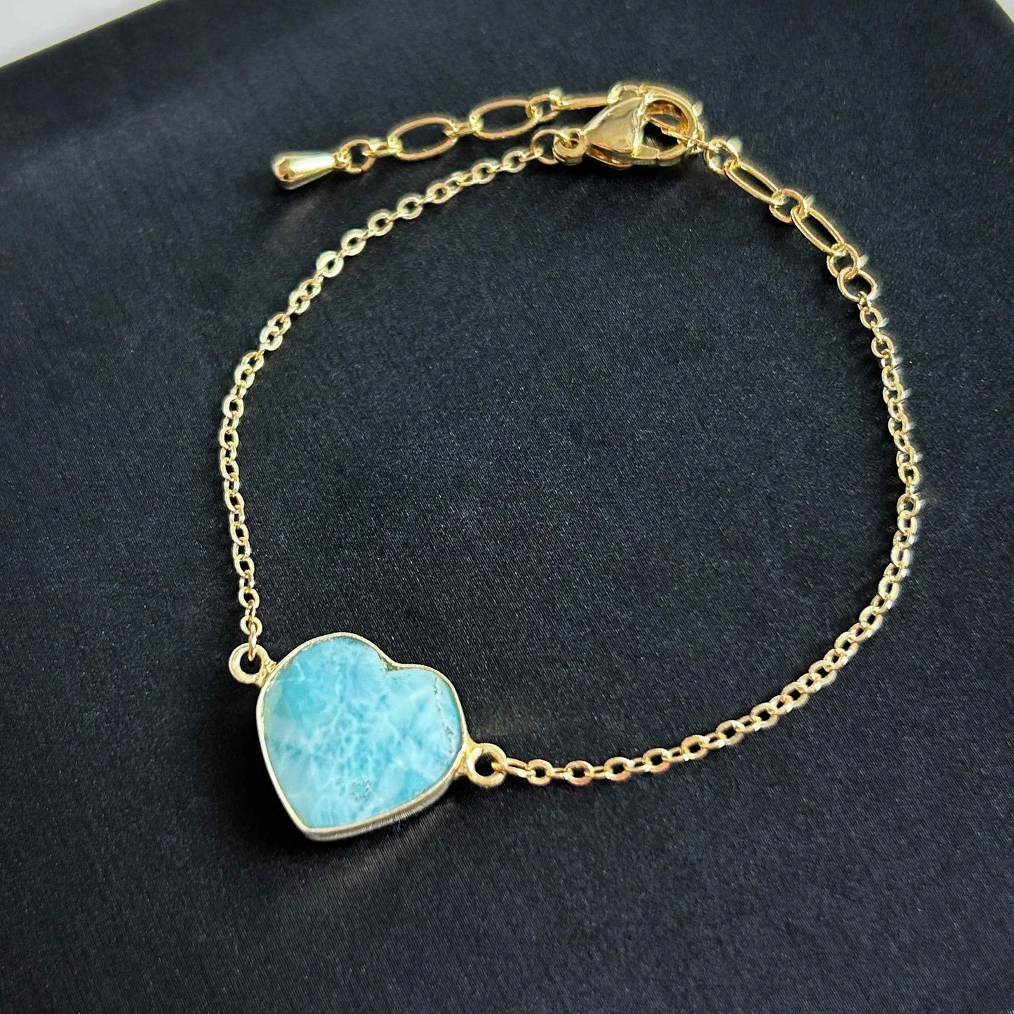 Faceted Larimar in Heart Shape 14k Gold Adjustable Bracelet