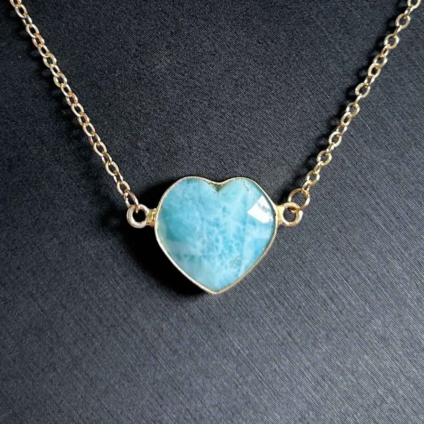 Faceted Larimar in Heart Shape 14k Gold Adjustable Bracelet