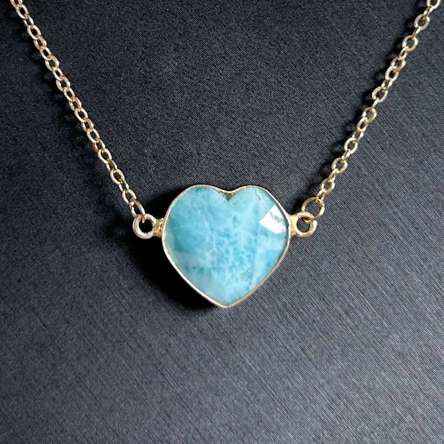 Faceted Larimar in Heart Shape 14k Gold Adjustable Bracelet