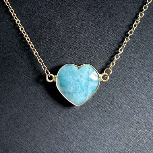 Faceted Larimar in Heart Shape 14k Gold Adjustable Bracelet