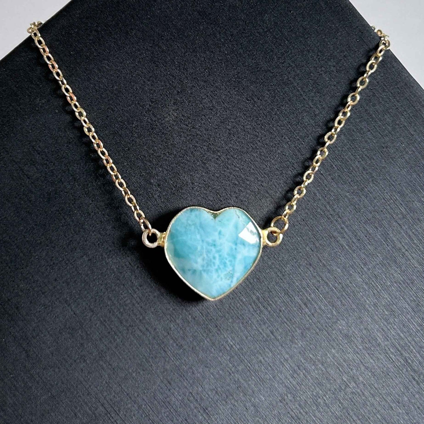 Faceted Larimar in Heart Shape 14k Gold Adjustable Bracelet