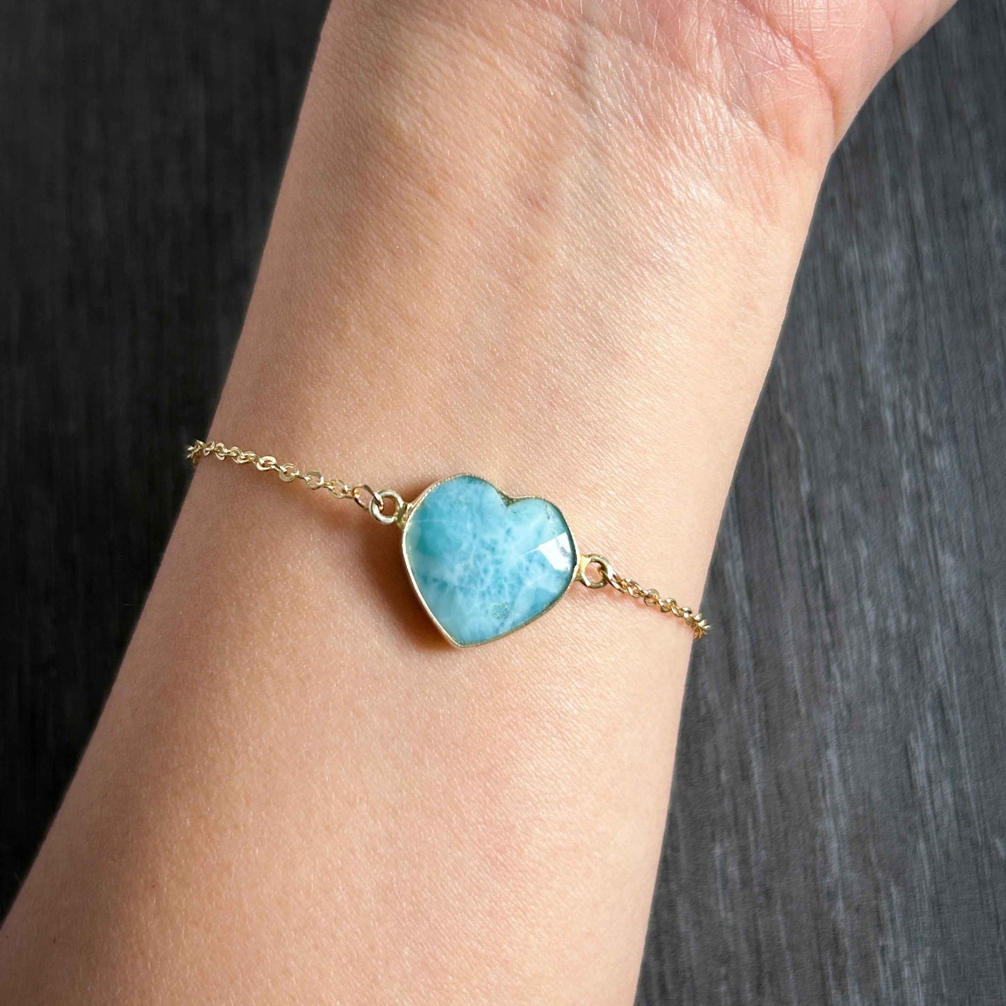 Faceted Larimar in Heart Shape 14k Gold Adjustable Bracelet