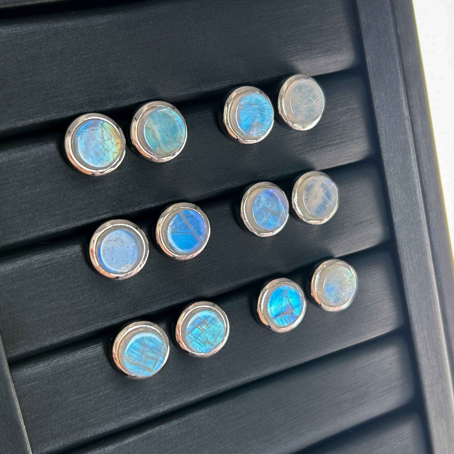 High Quality Rainbow Blue Moonstone Stud Earrings in 925 Sterling Silver