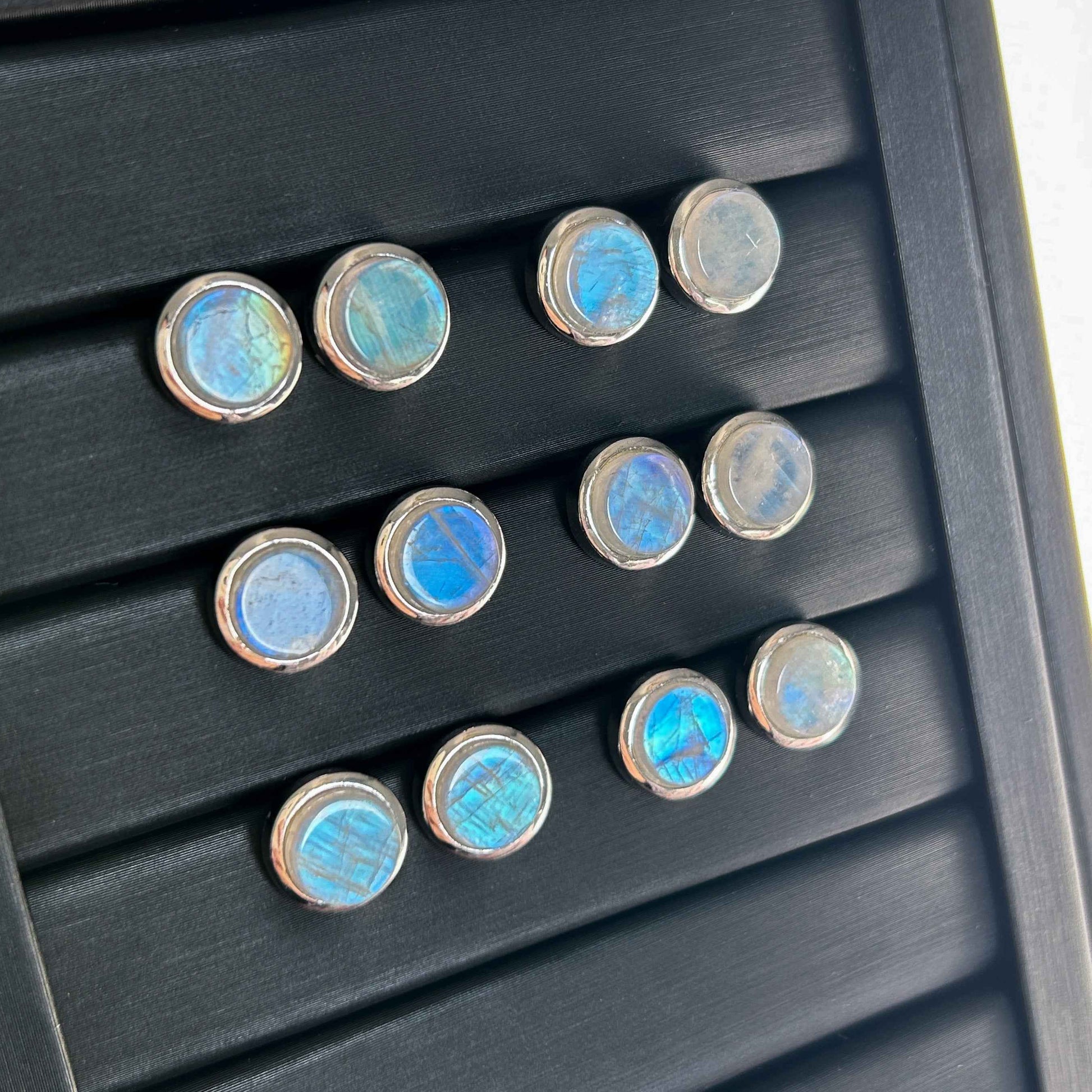 High Quality Rainbow Blue Moonstone Stud Earrings in 925 Sterling Silver